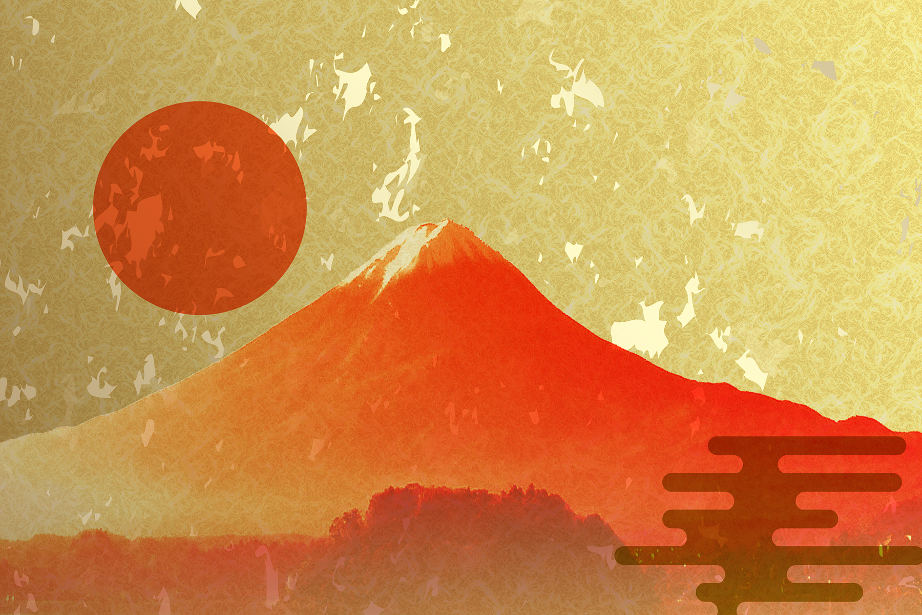 和紙に描かれた富士山と夕日